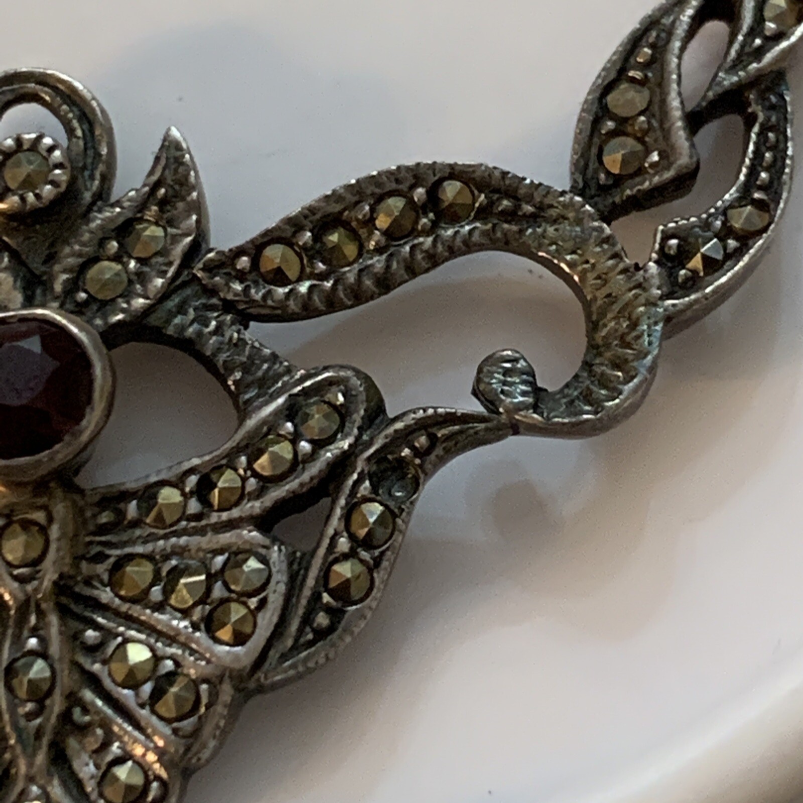ART DECO 925 STERLING SILVER GARNET MARCASITE FOLIATE DROP LINK SCROLL NECKLACE