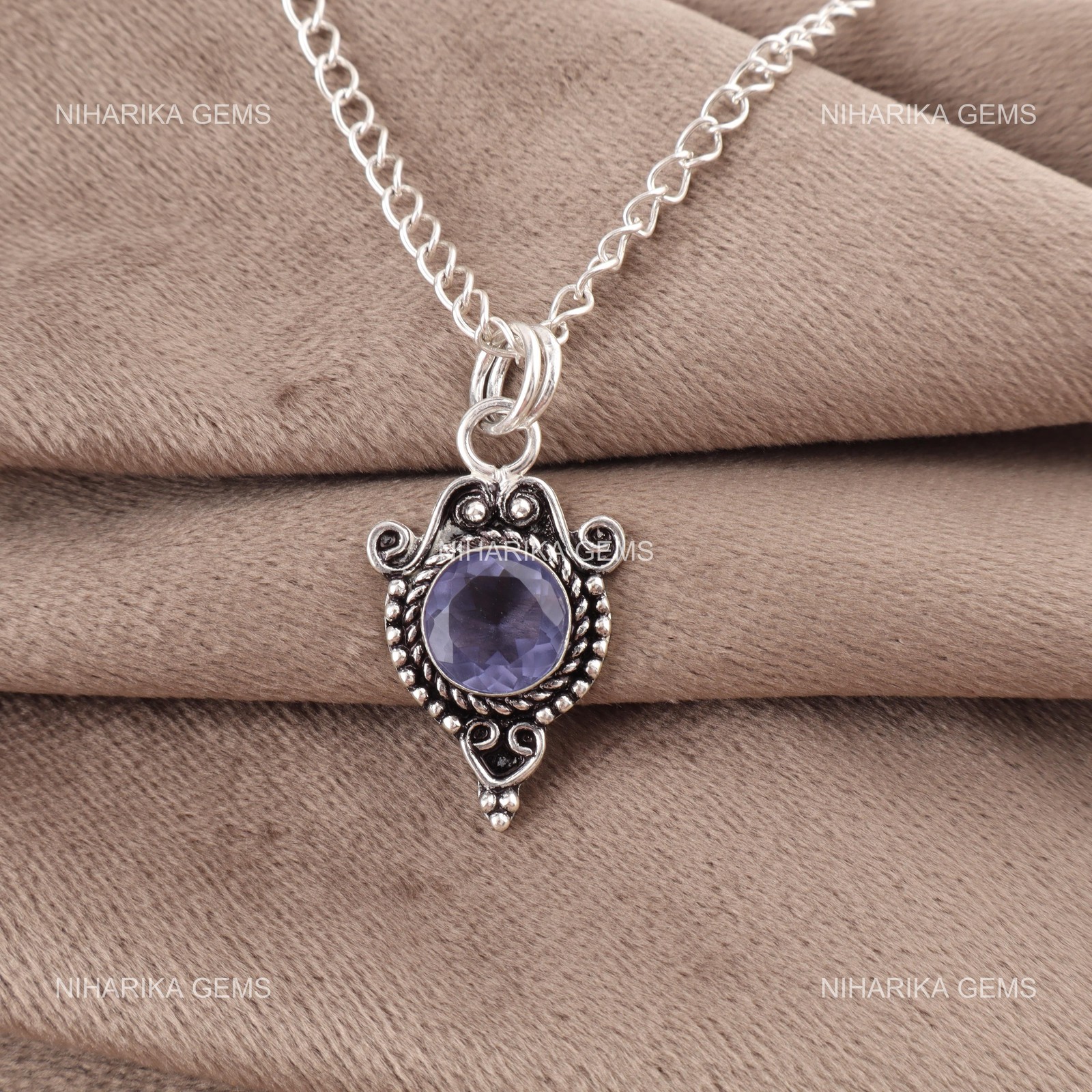 925 Silver Round Iolite Gemstone Anniversary Birthday Wedding Engagement Pendant