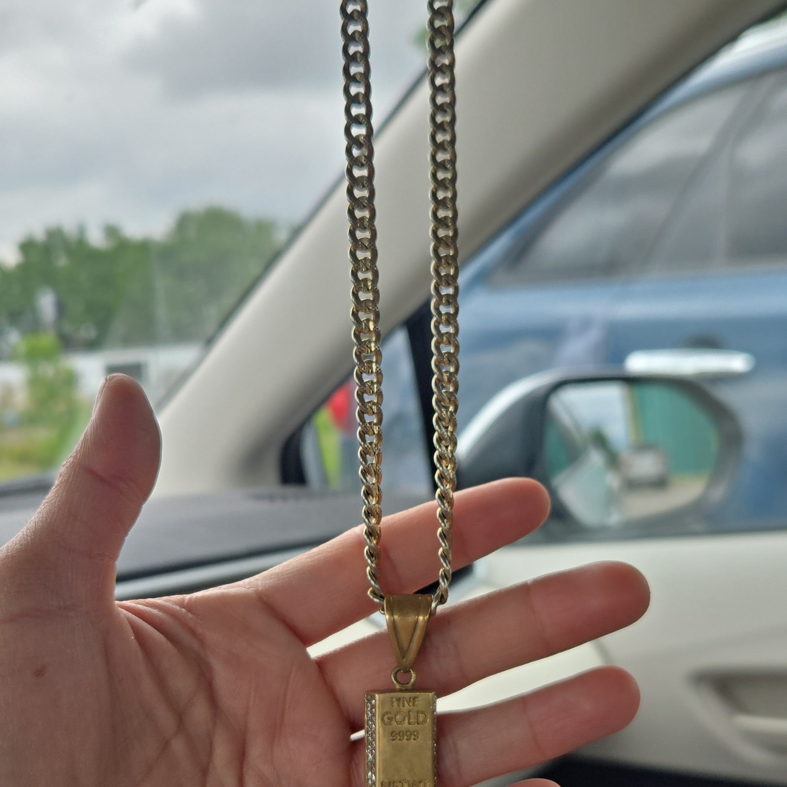 18K Yellow Gold Cuban Link Chain Necklace Engraved Rectangle Bar Pendant