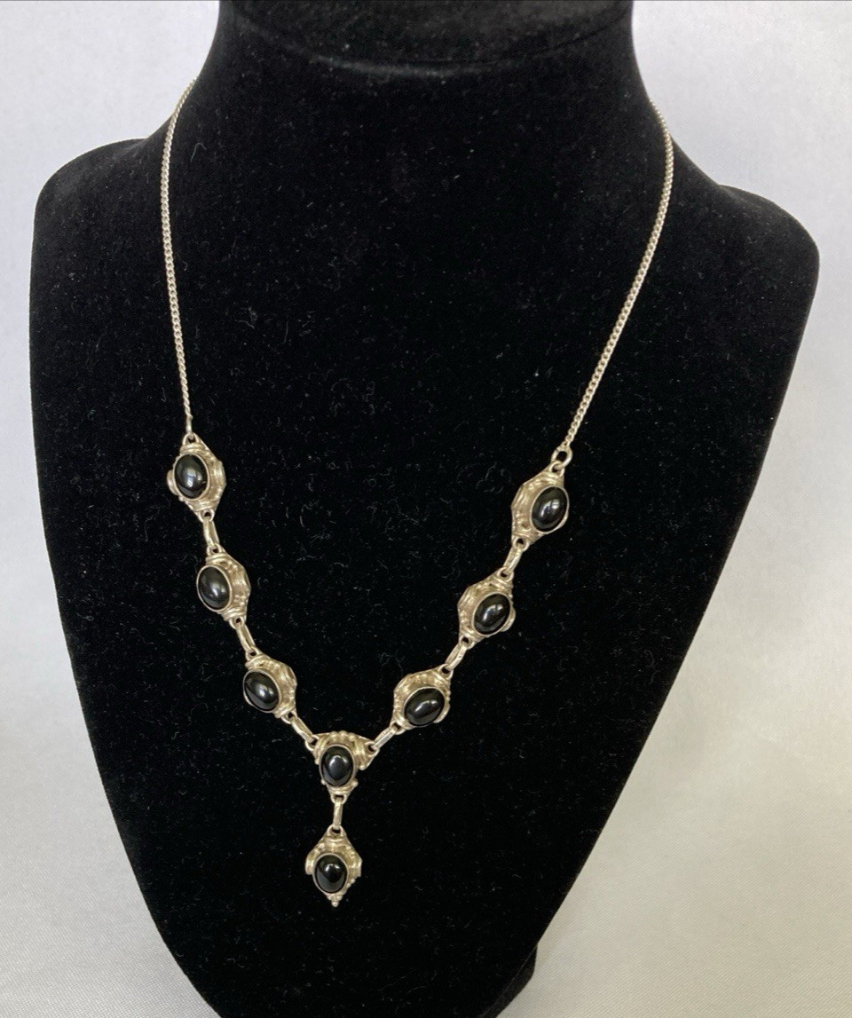 Pendant Necklace Sterling Silver with Black Stones Made in India New