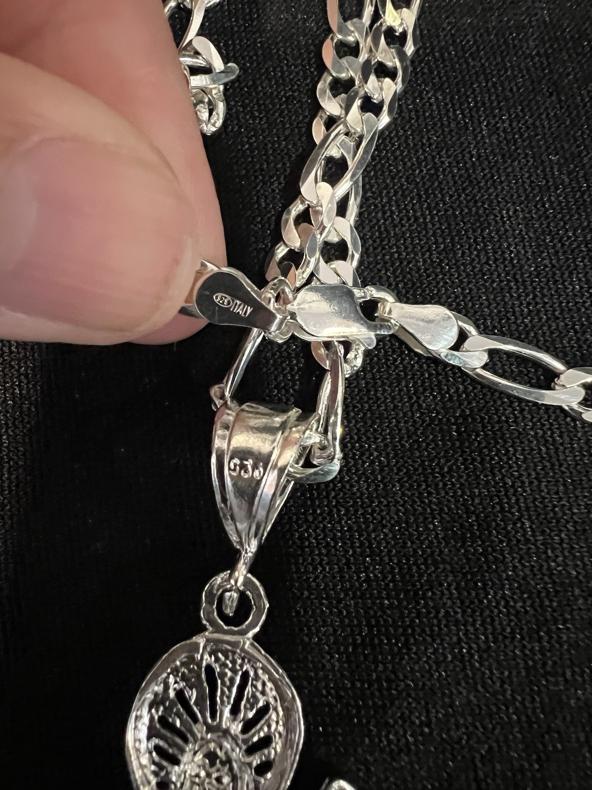 925 Sterling Silver Men Women Big Santa Muerte Grim Reaper Figaro Chain 20 24 30