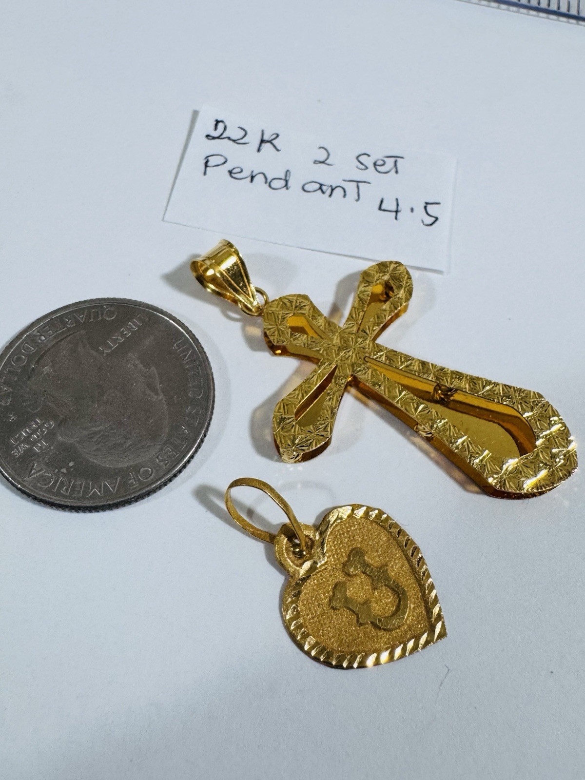 22K 916 Fine Real Gold Two Set U Heart & Cross Pendant 4.5g