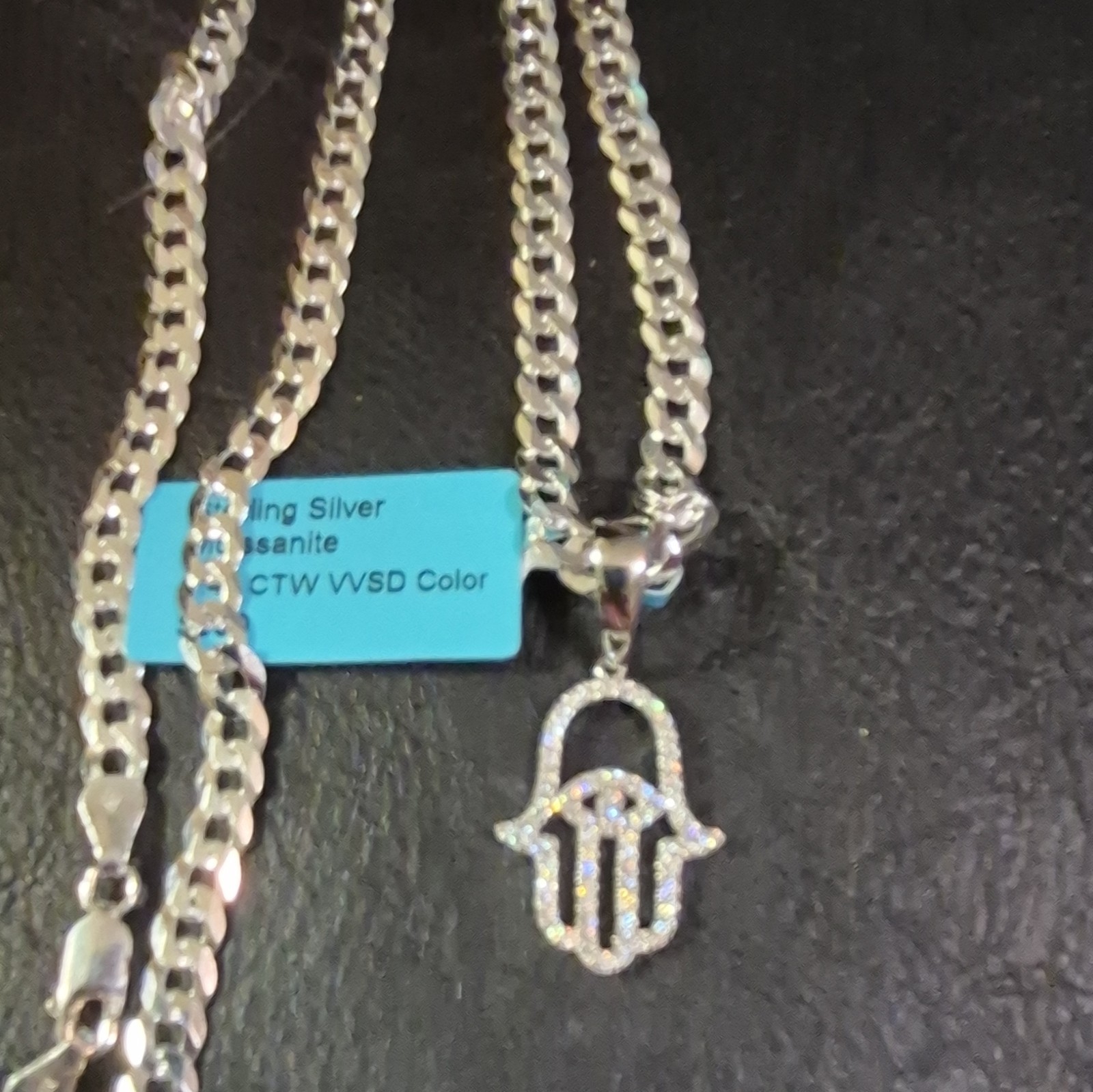 925 Sterling Silver Moissanite Hamsa Hand Pendant & Cuban Link Necklace 20″