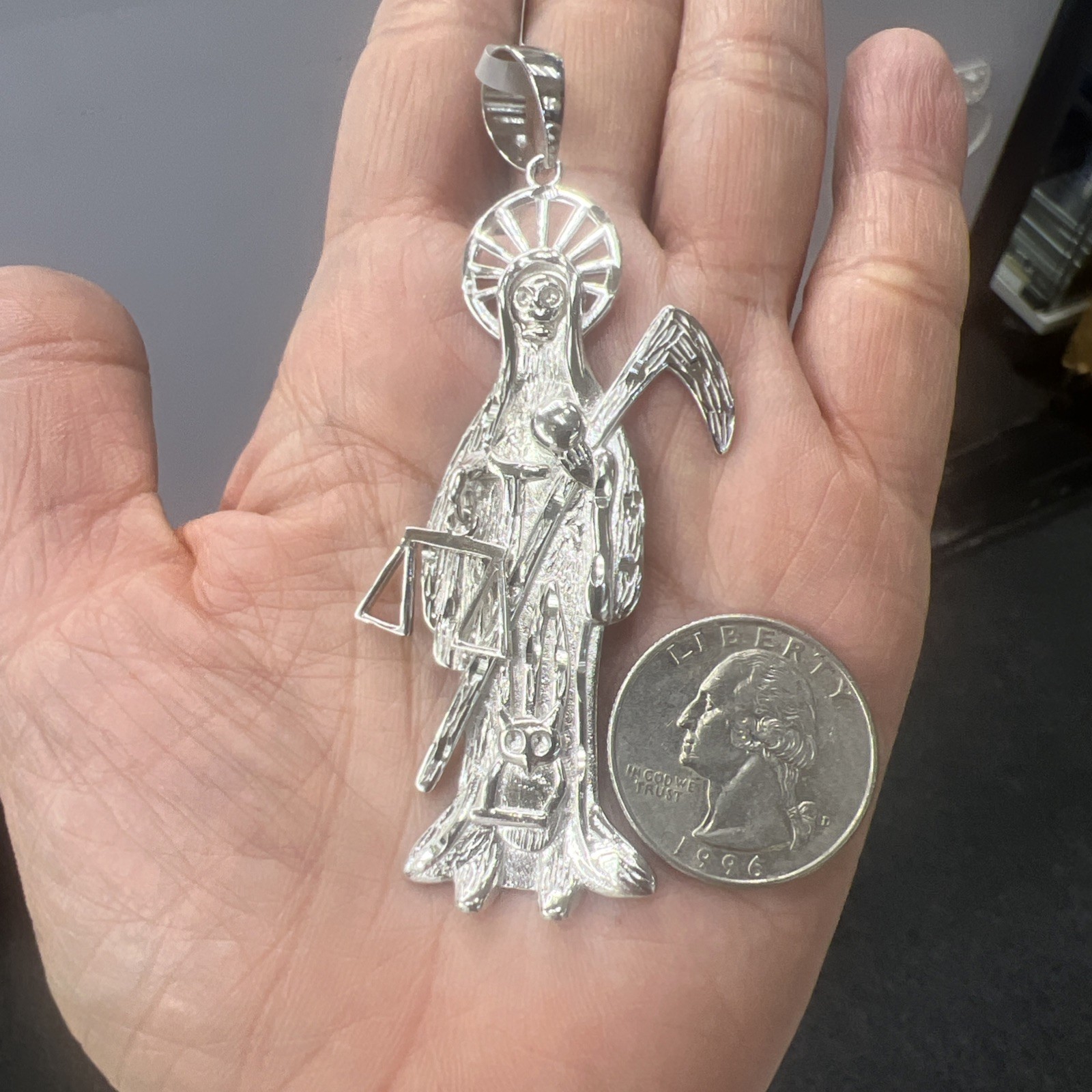Sterling Silver Grim Reaper Pendant Dije de la Santa Muerte en PLATA XLarge 3”