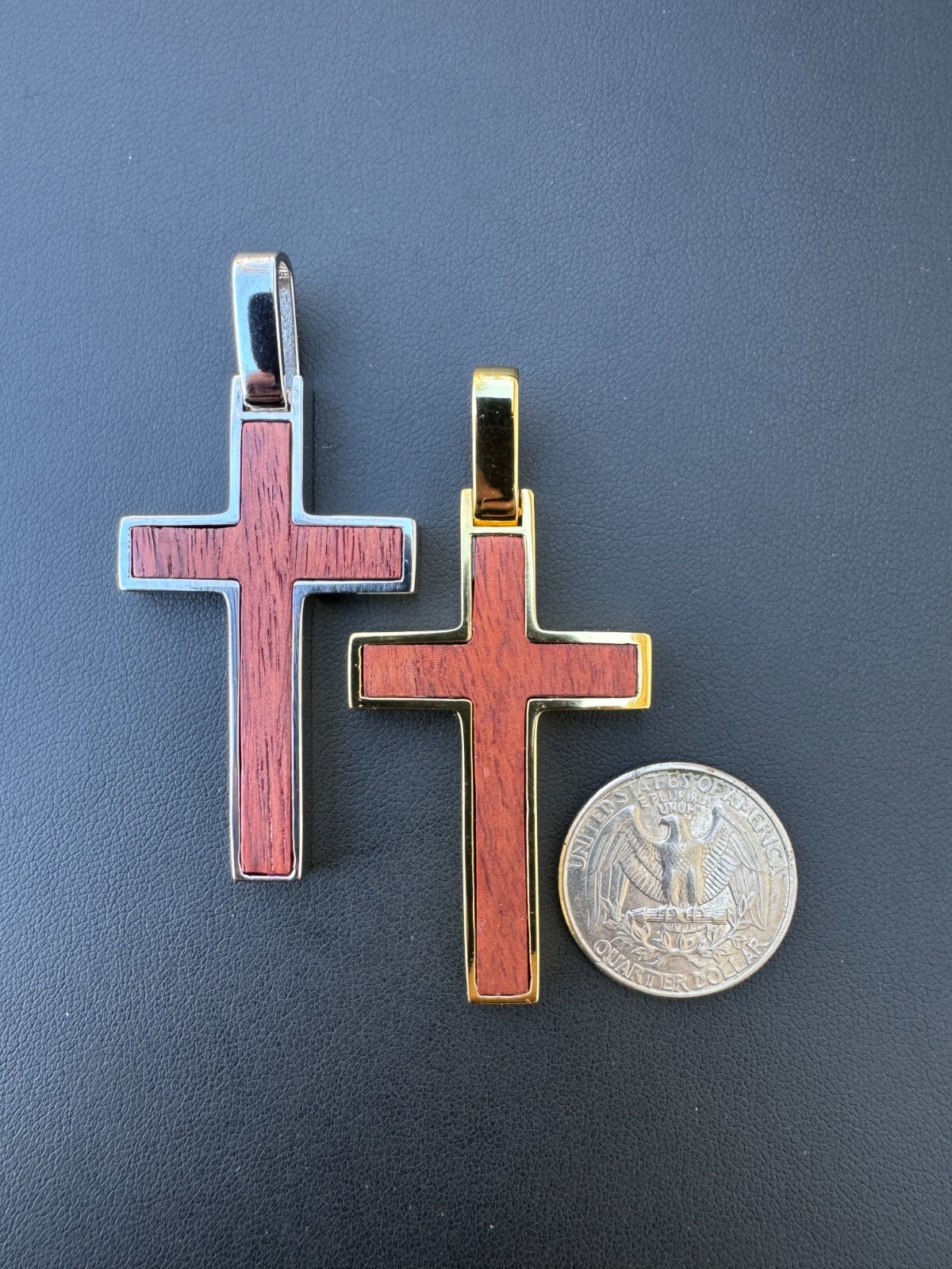 Large Mens Real 925 Silver & Wood Inlay Plain Religious Cross Pendant Necklace