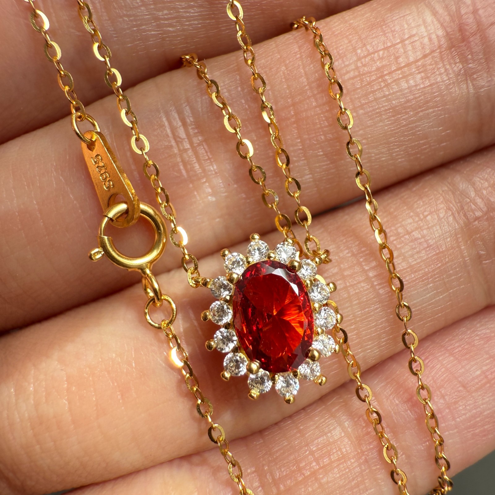 925 Sterling Silver Necklace 7x5mm Natural Garnet Zircon Handmade Flower Chain