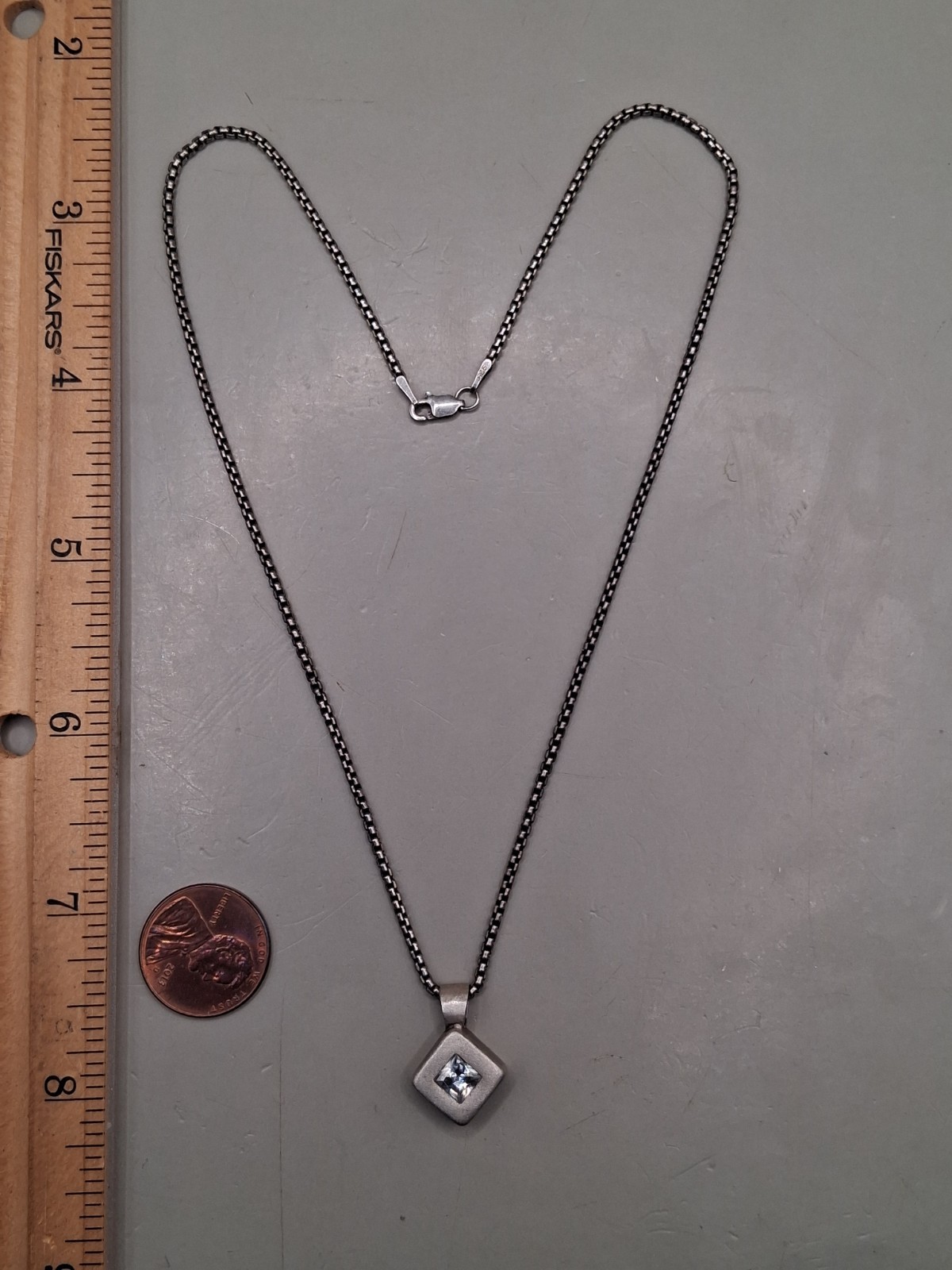 Sterling Silver Textured Crystal Pendant Box Chain Link Necklace 16″