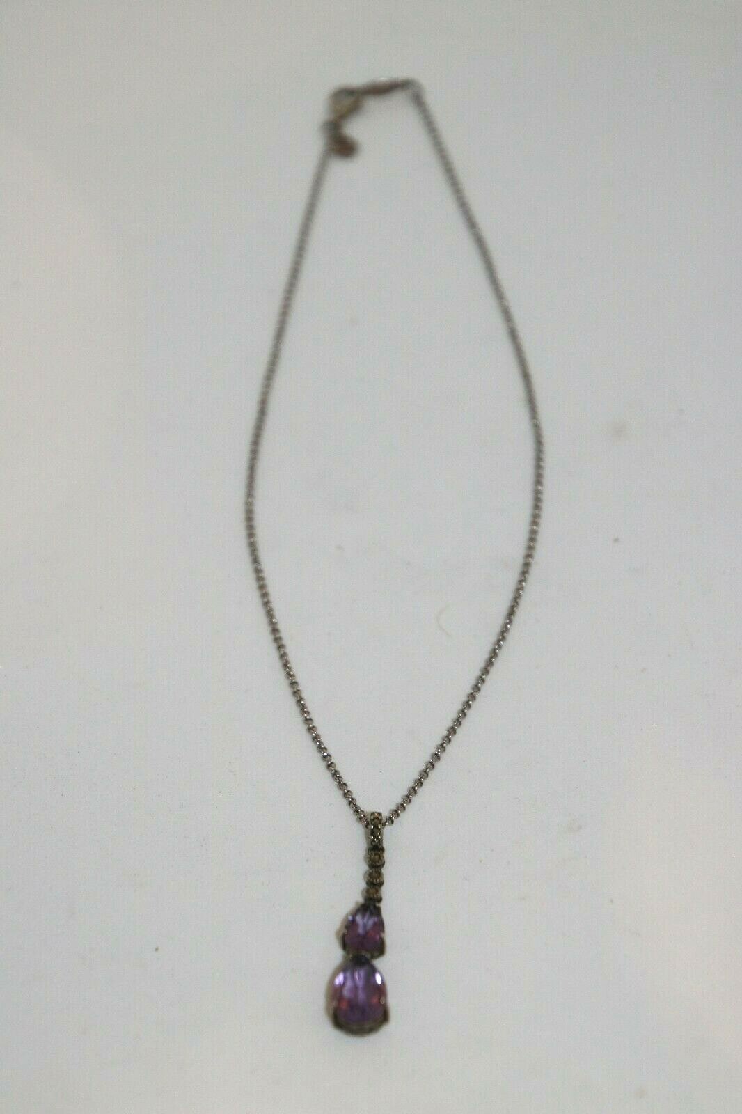 Two Pear Shaped Amethysts and Marcasite Sterling Silver Pendant Necklace 5 Grams