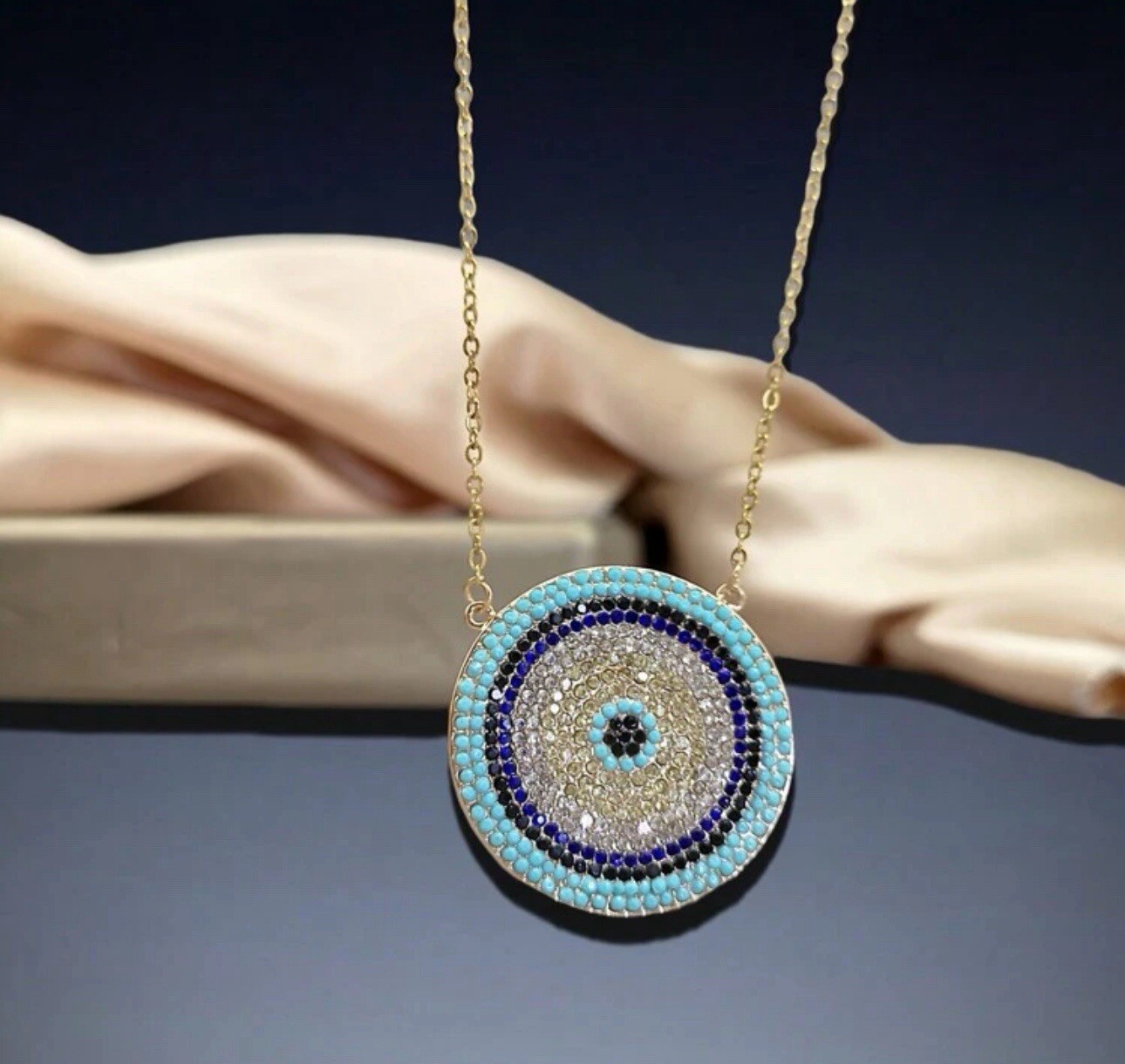 Large Evil Eye Necklace Rhinestone Gold Protection Amulet Good Luck Karma NEW
