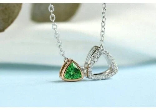 3CT Halo Trillion Cut Lab Created Emerald/Diamond Pendant 14K Two Tone Gold Over