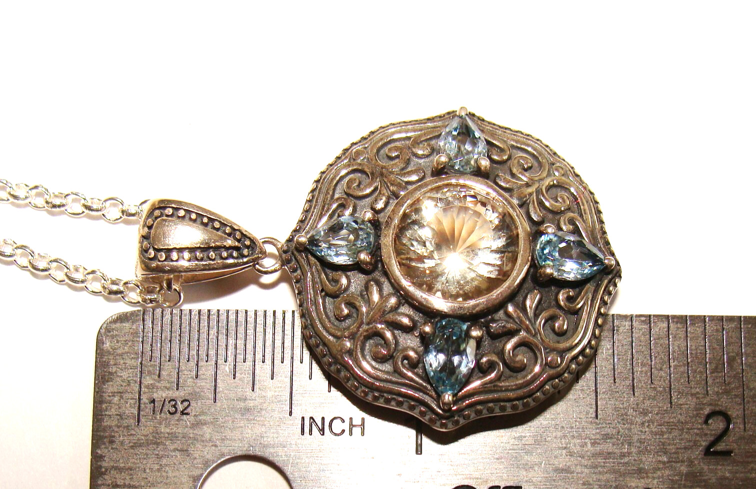 HT Sterling Silver Citrine Blue Topaz Round Shield Ethnic Pendant & 18″ Necklace
