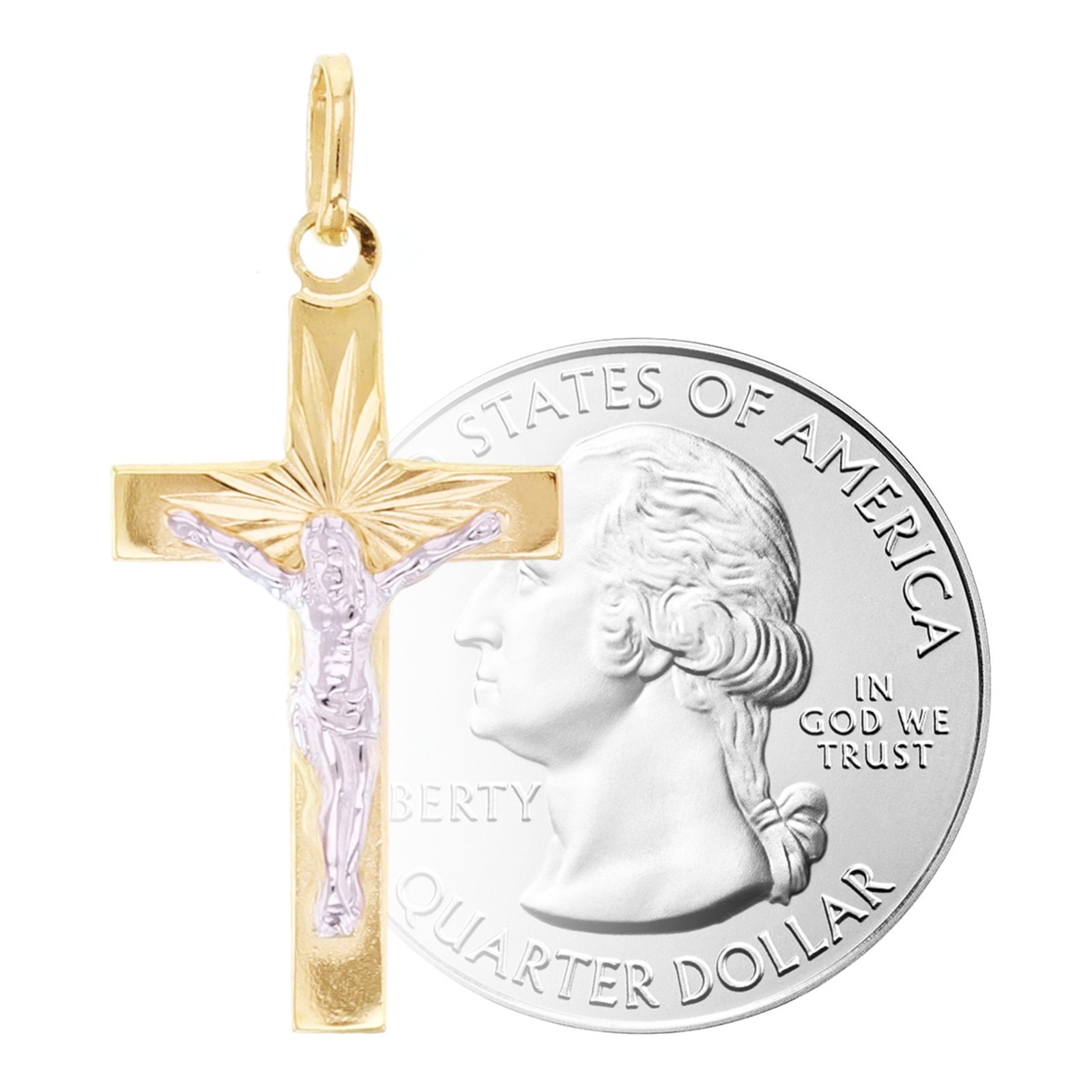 Italian 14k Yellow & White Gold Crucifix Cross Charm Pendant 1.3″ 1.5 grams