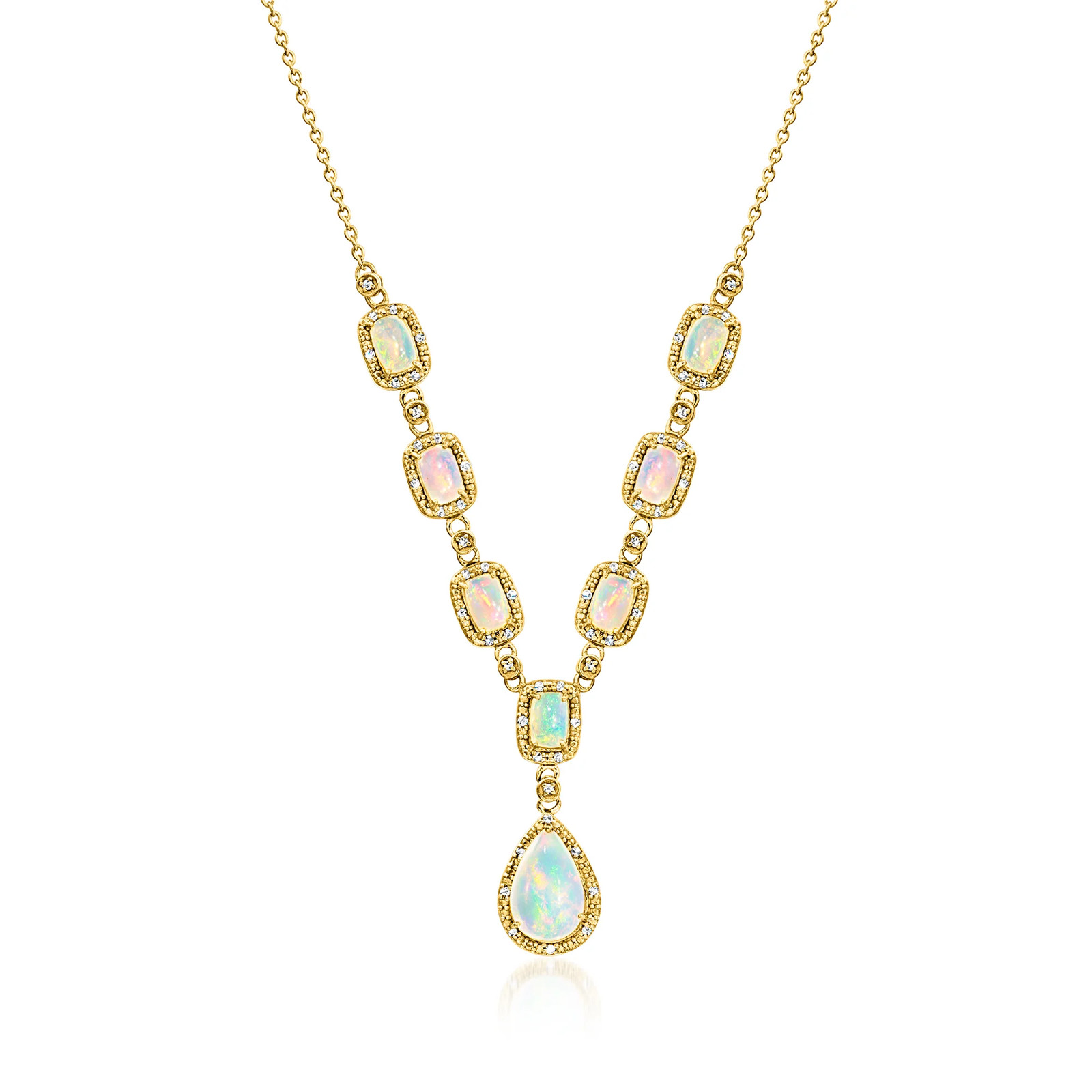 Opal and .30 ct. t.w. Diamond Y-Necklace in 18kt Gold Over Sterling. 18 inches