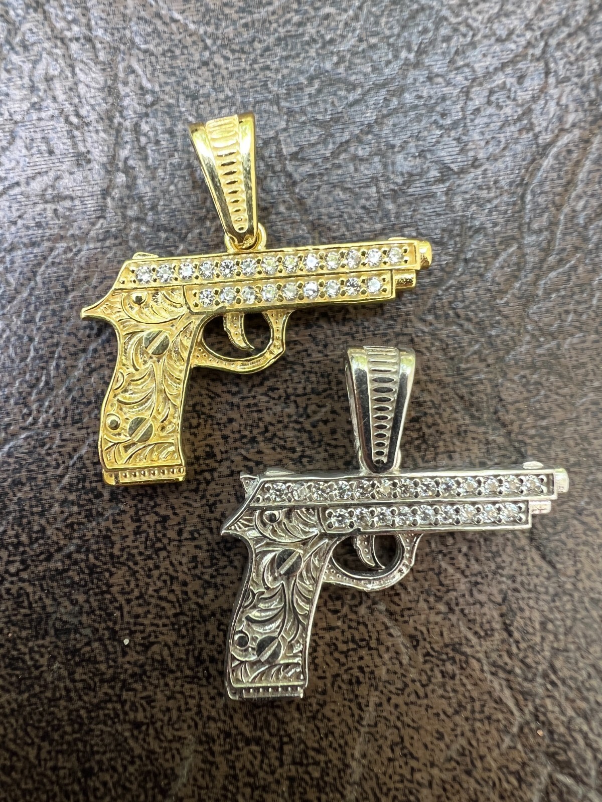 Real 925 Silver / 14k Gold Plated Gun Desert Eagle Pistol Pendant Necklace CZ