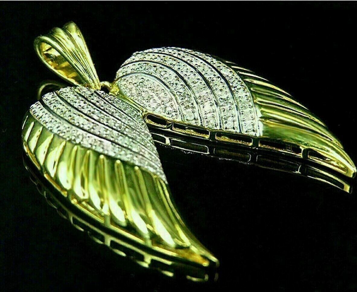 2.70Ct Round Lab-Created Diamond Double Wings Pendant 14K Yellow Gold Finish