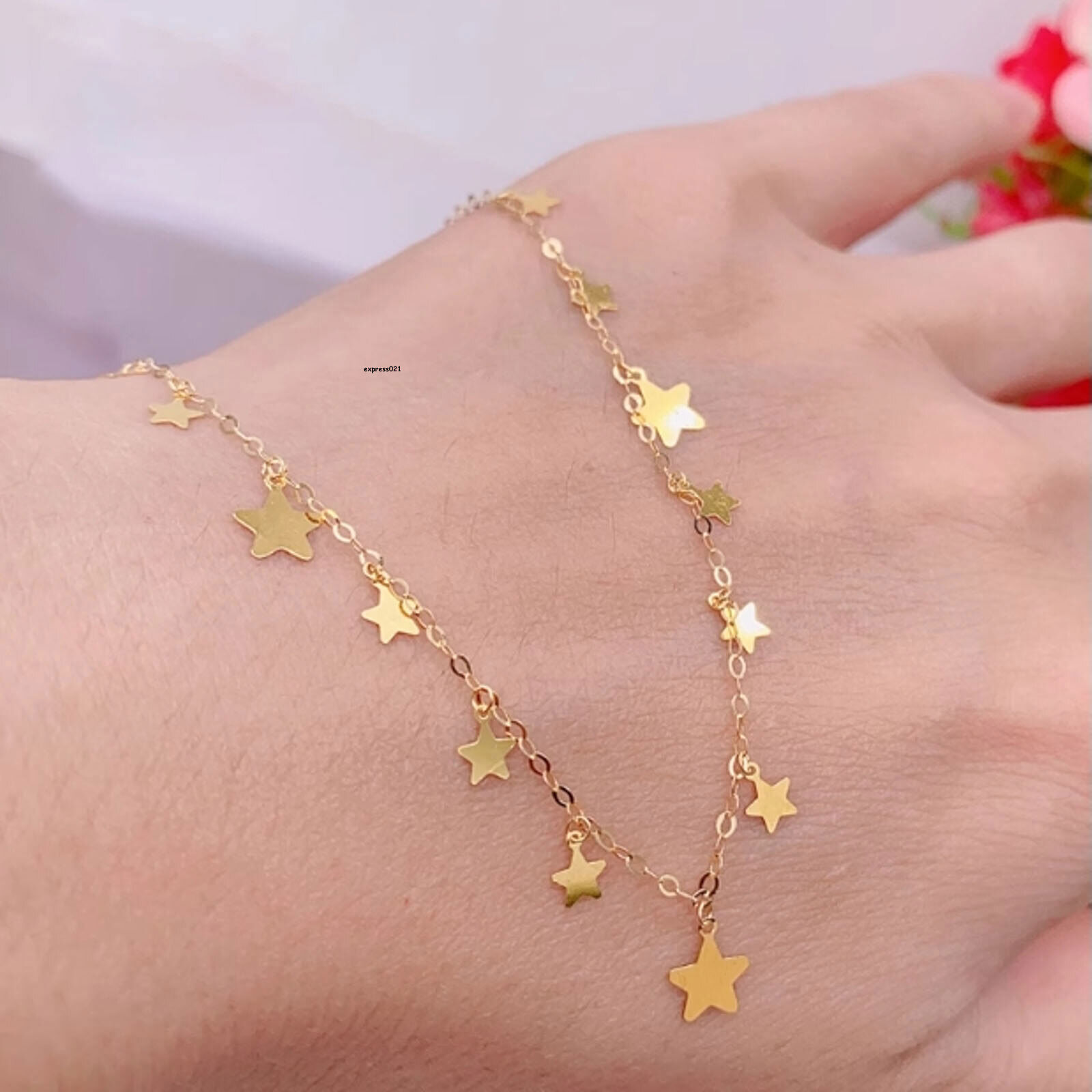 Pure 18K Yellow Gold Chain Women Star Tassel O Link Adjust Necklace 17.3inch