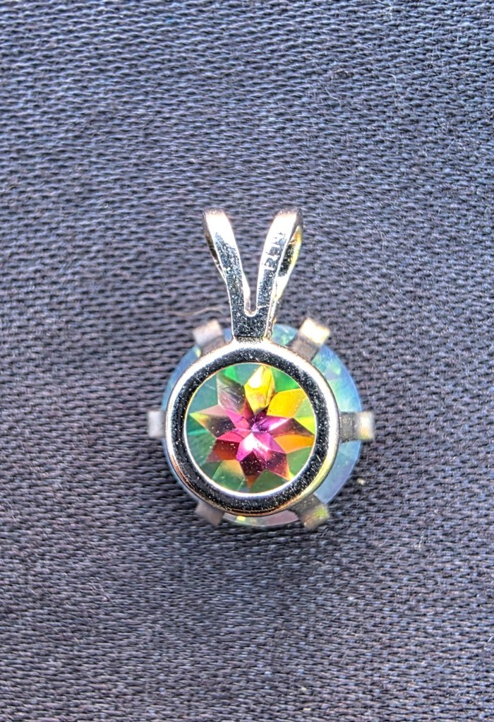 Topaz 7.8mm Round Pendant 14k White Gold Signed Prong Set Multicolor Mainly Blue