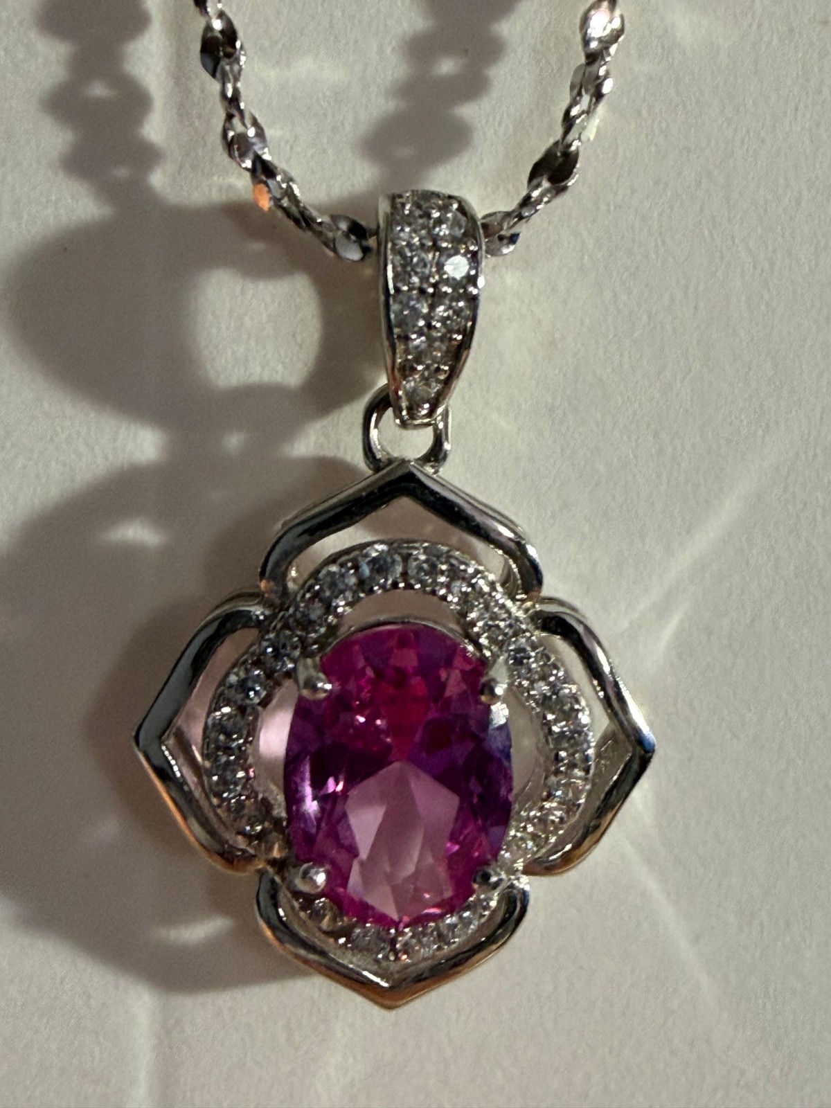 Lab Grown Pink Tourmaline SS Pendant on 18 inch SS Chain – Preowned, Excellent