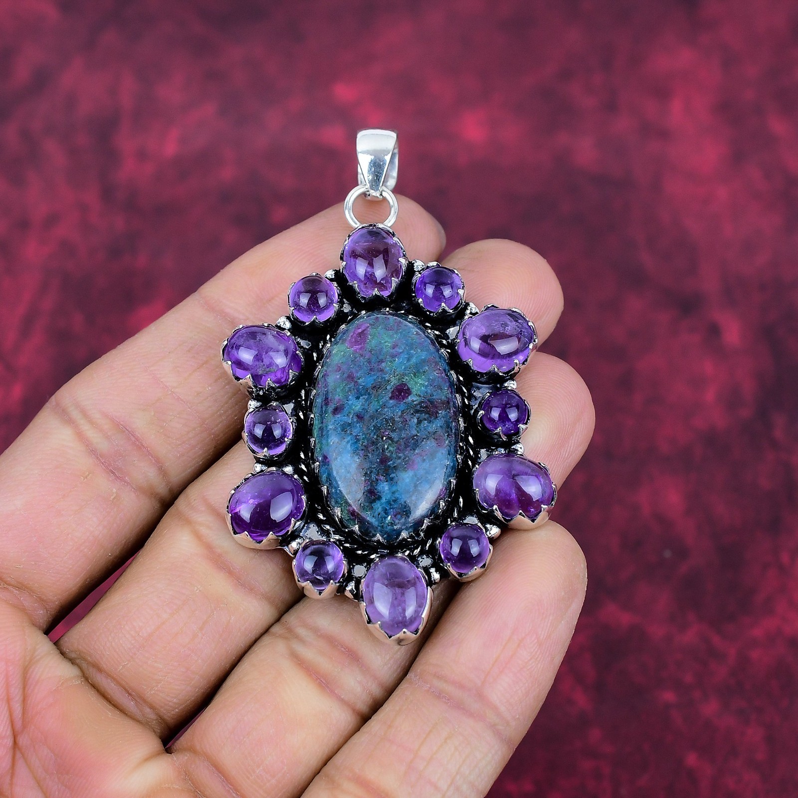 Ruby In Kyanite & Amethyst Gemstones Handmade 925 Sterling Silver Pendant