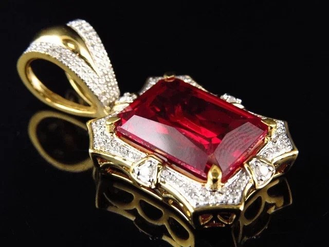 1.50CT Emerald Cut Lab Created Red Ruby Charm Pendant 14K Yellow Gold Plated 18″