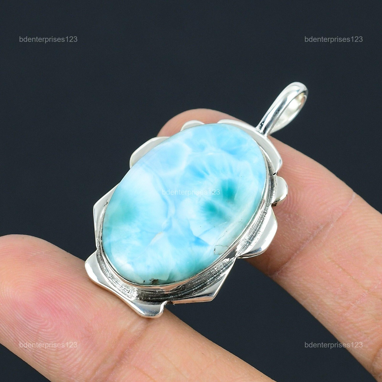 925 Sterling Silver Oval Larimar Gemstone Engagement Anniversary Pendant Jewelry