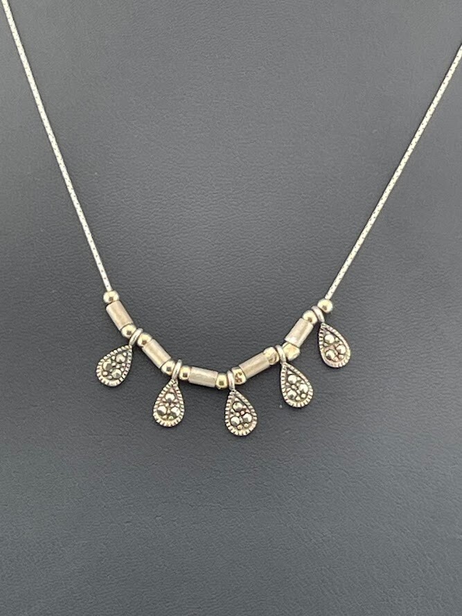 ITALY 925 STERLING SILVER 2 TONE BEADS MARCASITE TEARDROP NECKLACE 16″ MOD 1723