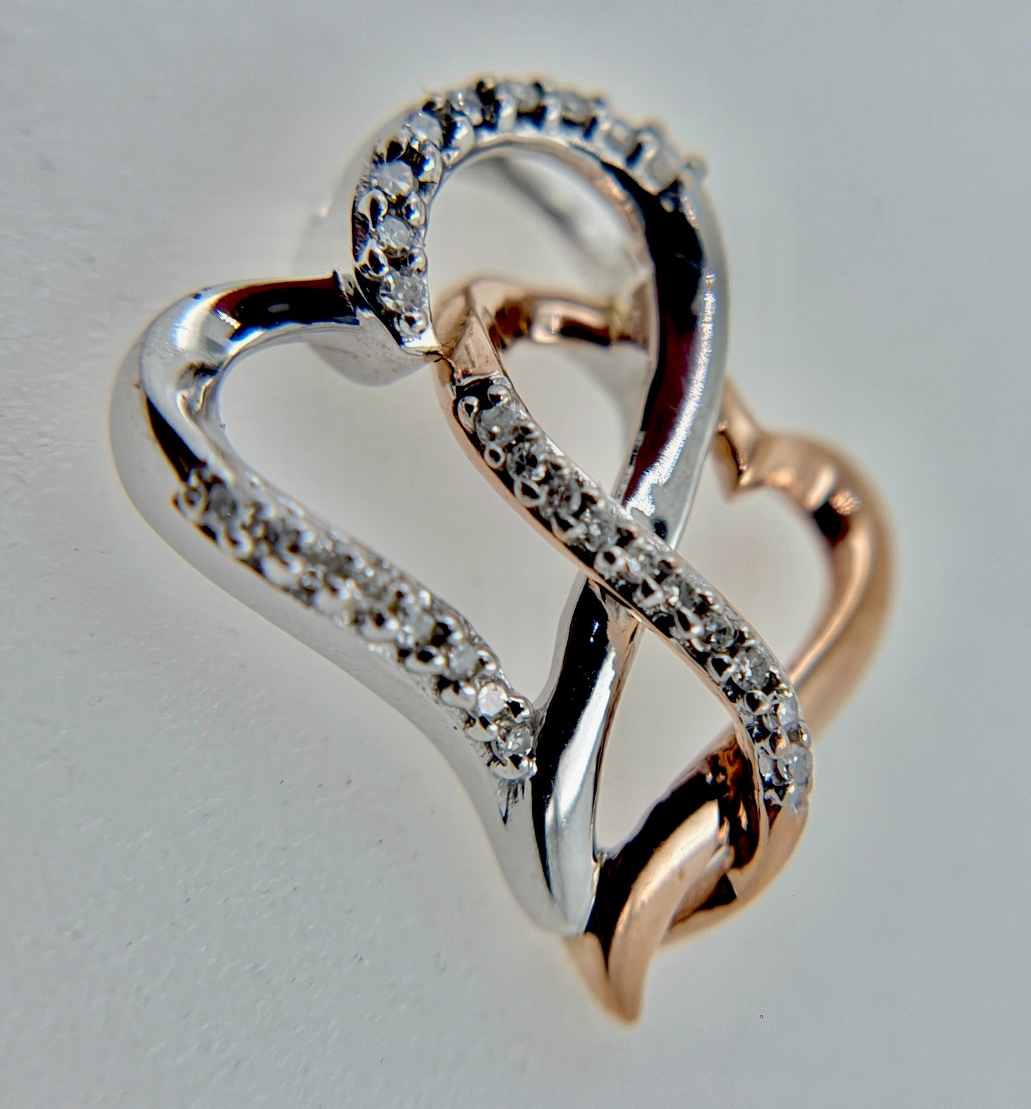 14k Two-tone Gold Double Heart Diamond Slide Pendant 2.1g approximately