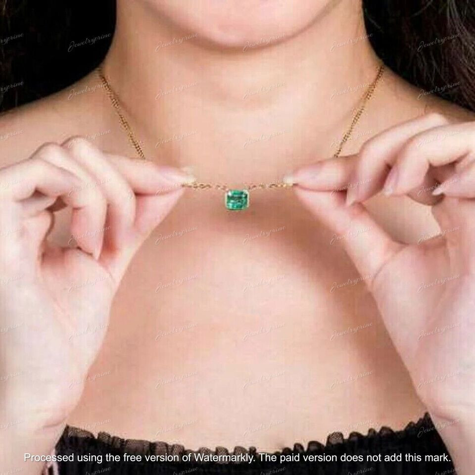 Asscher Cut 2Ct Lab Created Green Emerald Pendant Necklace 14K Yellow Gold Over