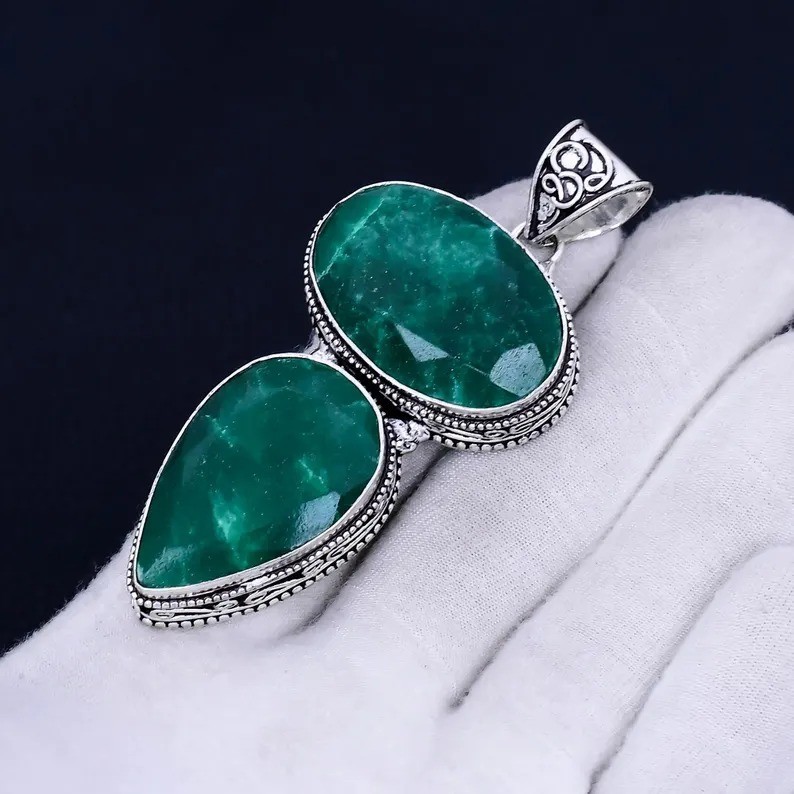 Emerald Gemstone Drop Pendant 925 Sterling Silver Handmade Jewelry For Gift
