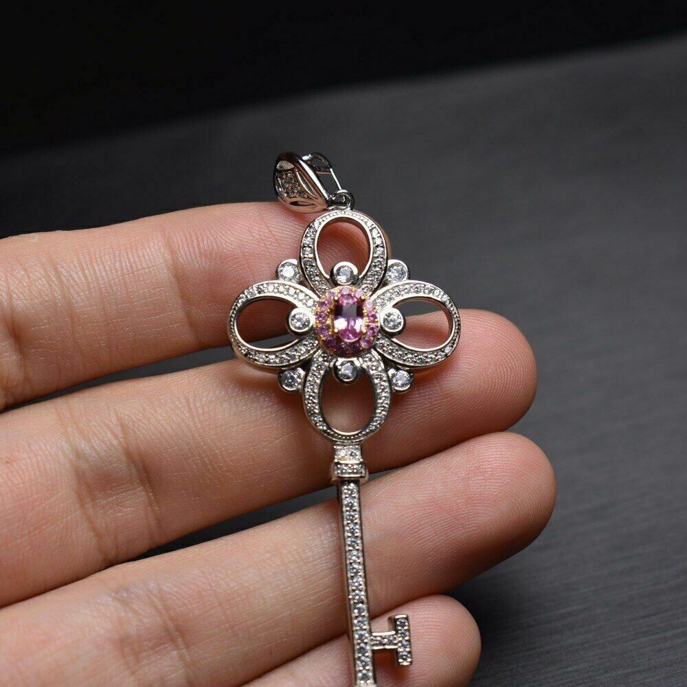 1Ct Round Cut Pink Sapphire Key Shape Pendant 14K White Gold Finish Free Chain