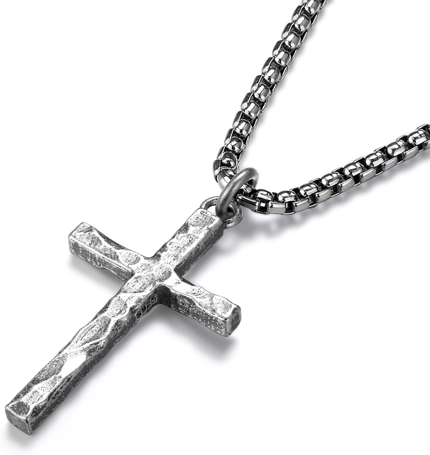 925 Sterling Silver Cross Necklace Men – Oxidized Hammered Cross Pendant with St