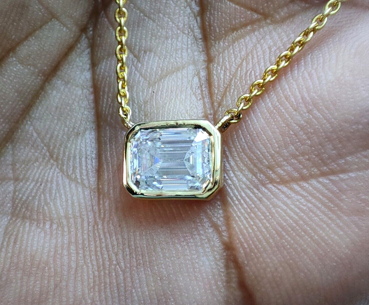 2.00 Ct East-West Emerald Moissanite Solitaire Bezel Set Pendant 14k Yellow Gold