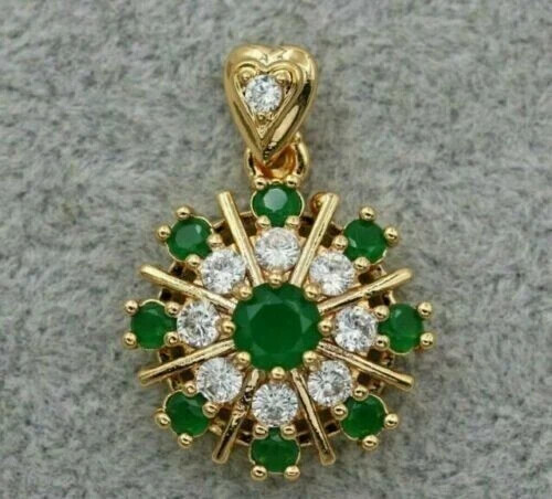 2Ct Round Cut Green Emerald Unique Simulated Pendant Chain 14K Yellow Gold Over