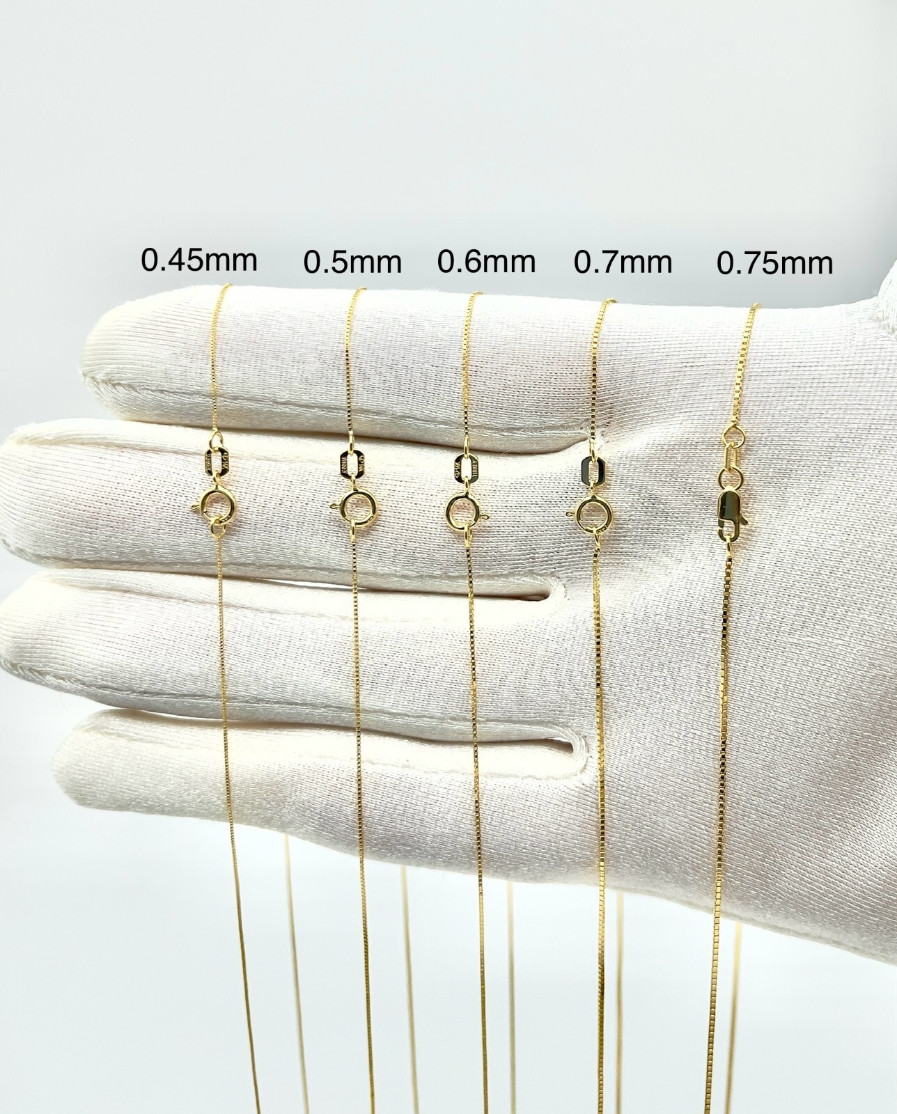 Yellow Dainty Solid Box Link Chain Sz 0.45-0.75mm Thin Box Necklace 14K Gold