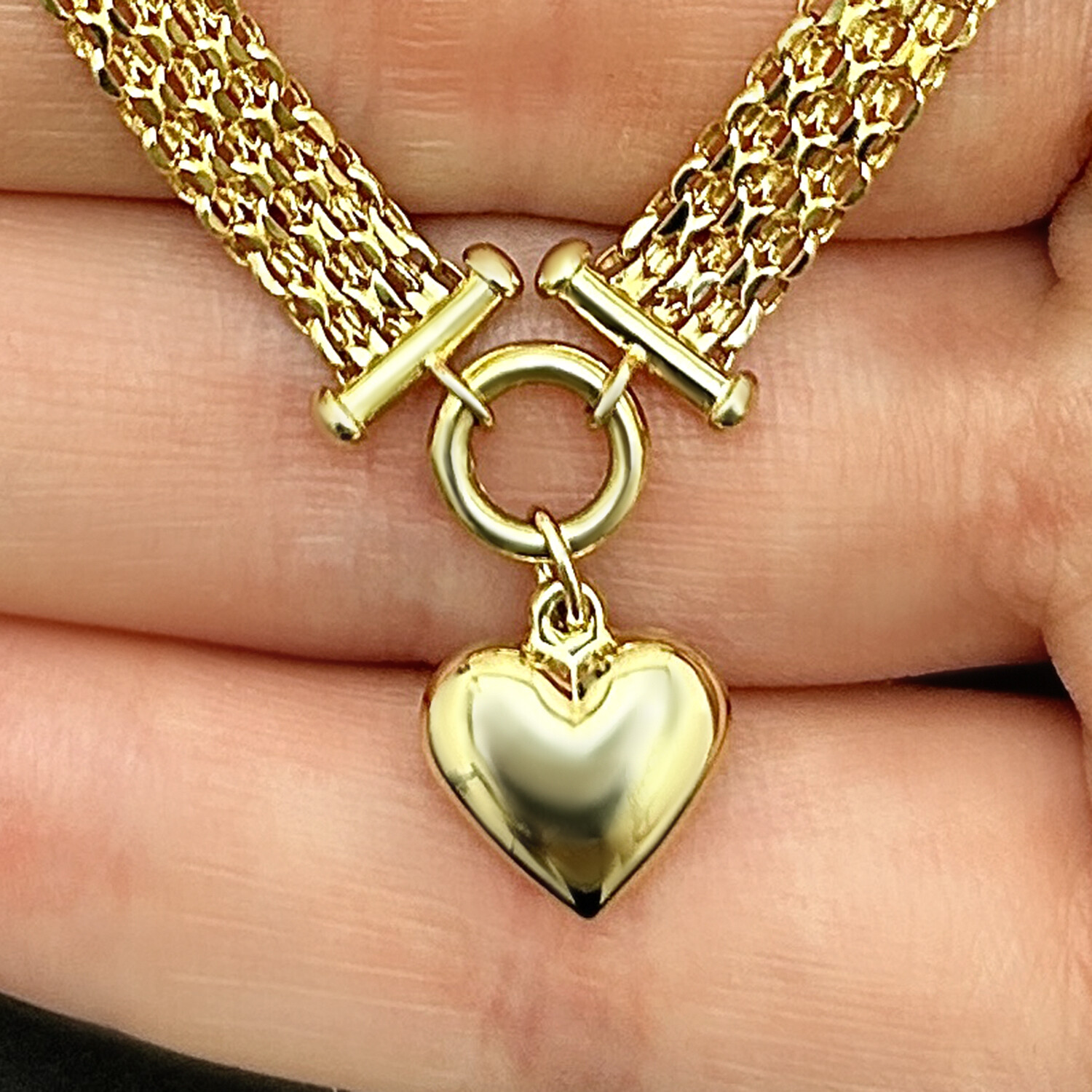 Real 14K Gold Heart Pendant Bismark Chain Necklace 18″ High Polish