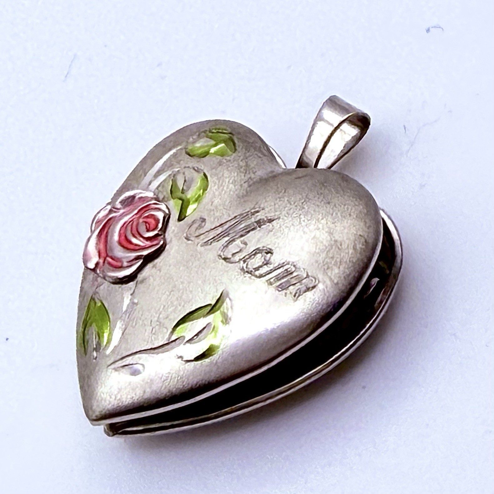 Sterling Silver Heart LOCKET Pink Enamel Rose “Mom” Inscription Mothers Day Gift