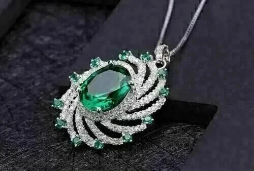 2Ct Oval Cut Lab Created Green Emerald Elegant Pendant In 14K White Gold Plated