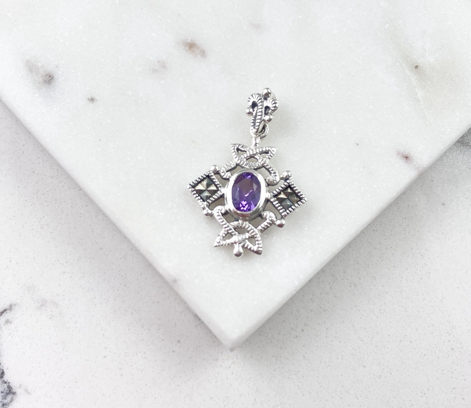 925 Sterling Silver Purple Amethyst Deco Marcasite Pendant