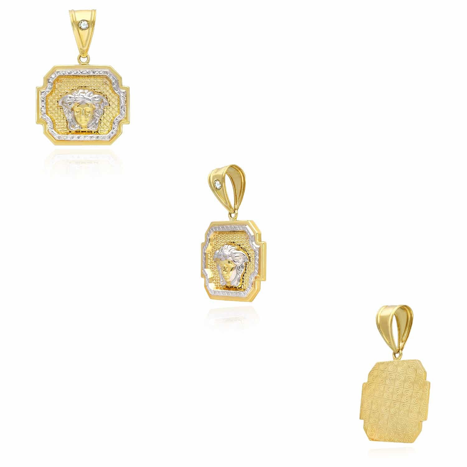 10K Yellow White Gold Two-Tone Framed Medusa Head Medallion Pendant 1.2″- 1.6″