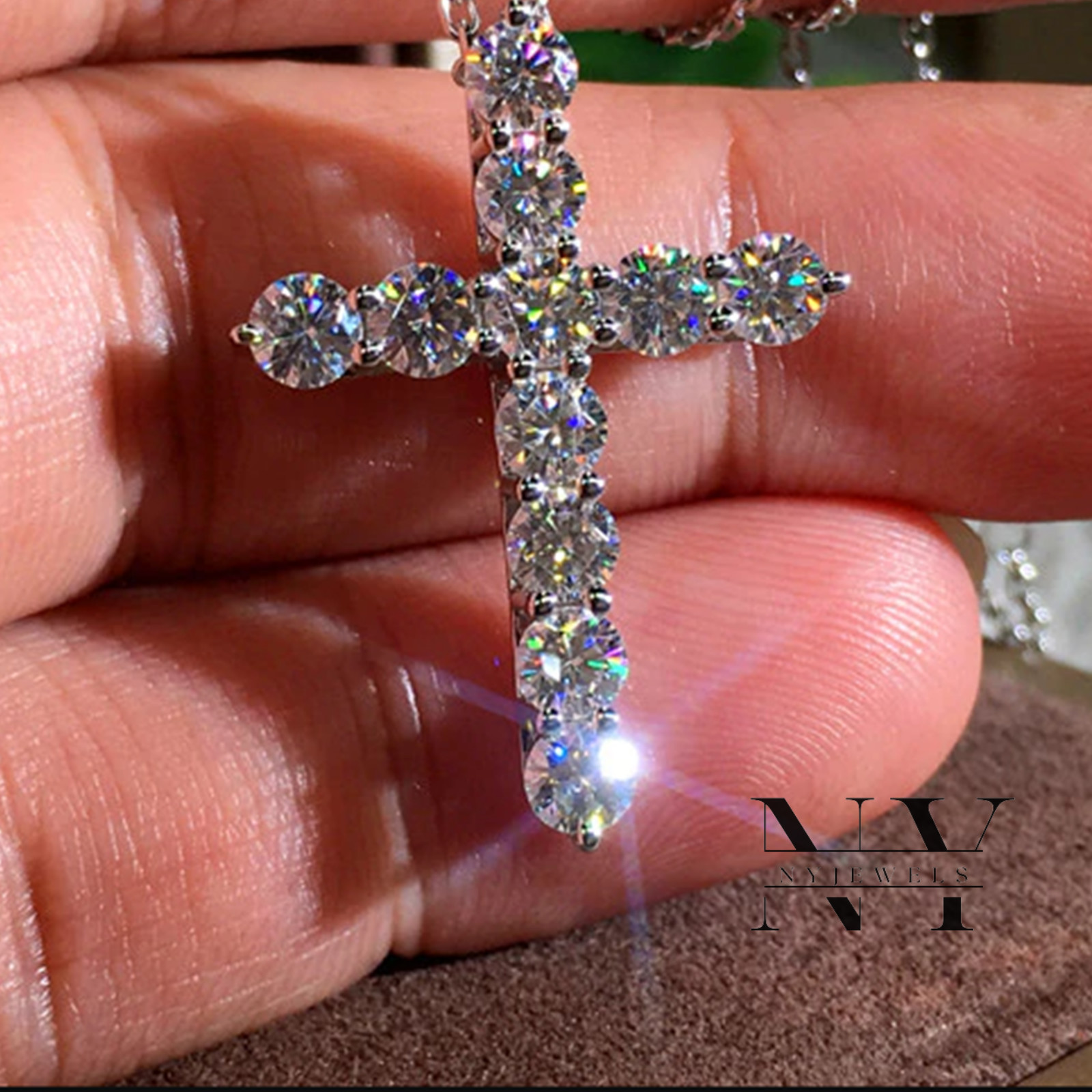3 CT Round Brilliant Cut Moissanite Cross Wedding Pendant Solid 14K White Gold