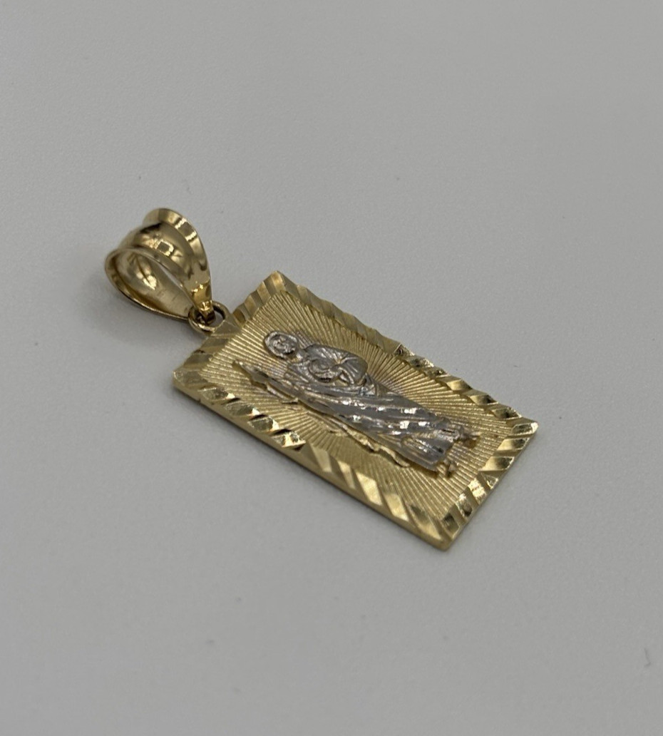 14K Yellow Gold San Judas Religious Pendant Diamond Cut Rectangle 1.22″ 1.94g
