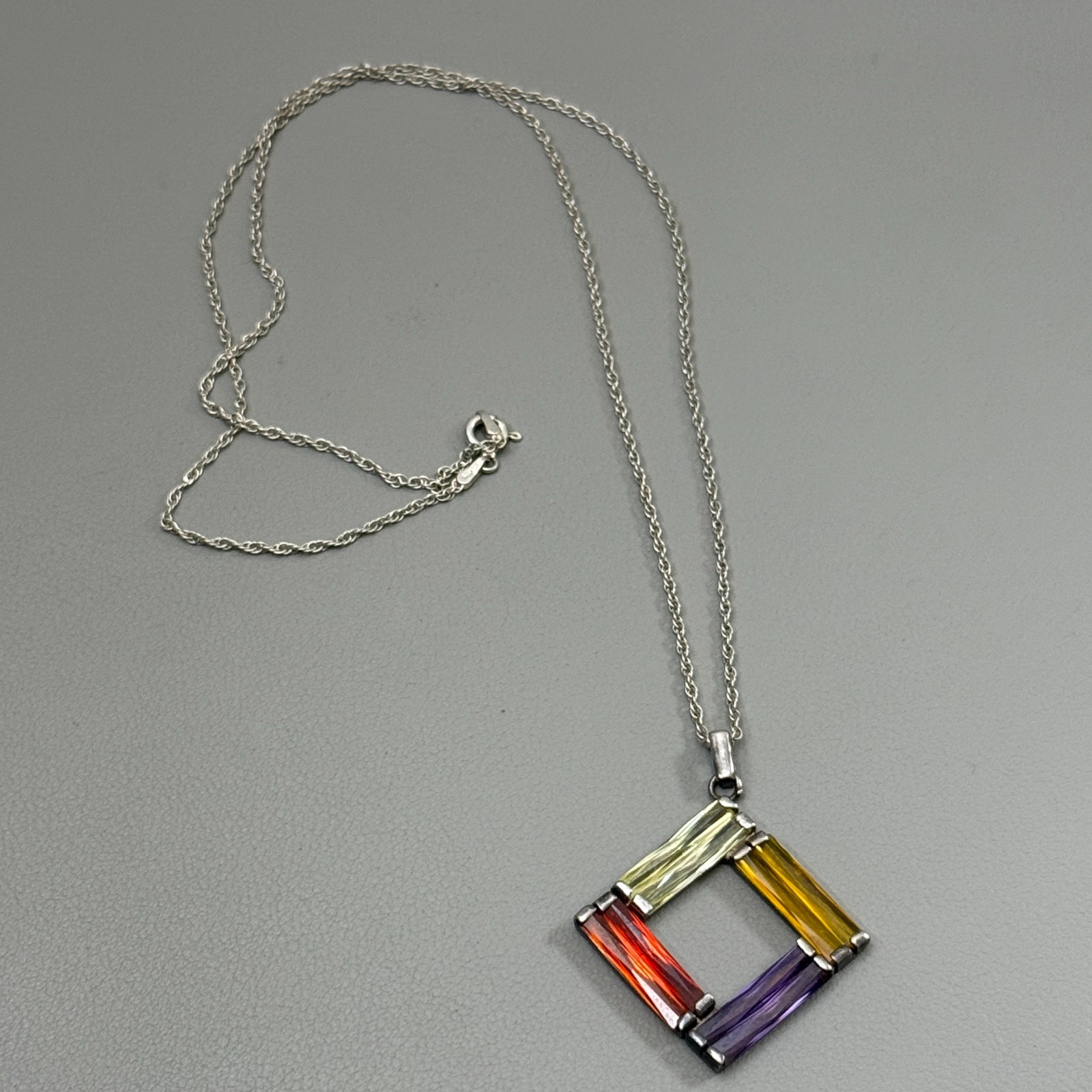 925 Sterling Silver Multicolor Baguette Pendant Italy Necklace 21″ 10 g
