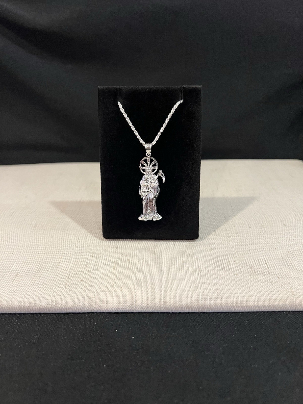 925 Sterling Silver Women Men Small Santa Muerte Grim Reaper & Rope Chain 18 24