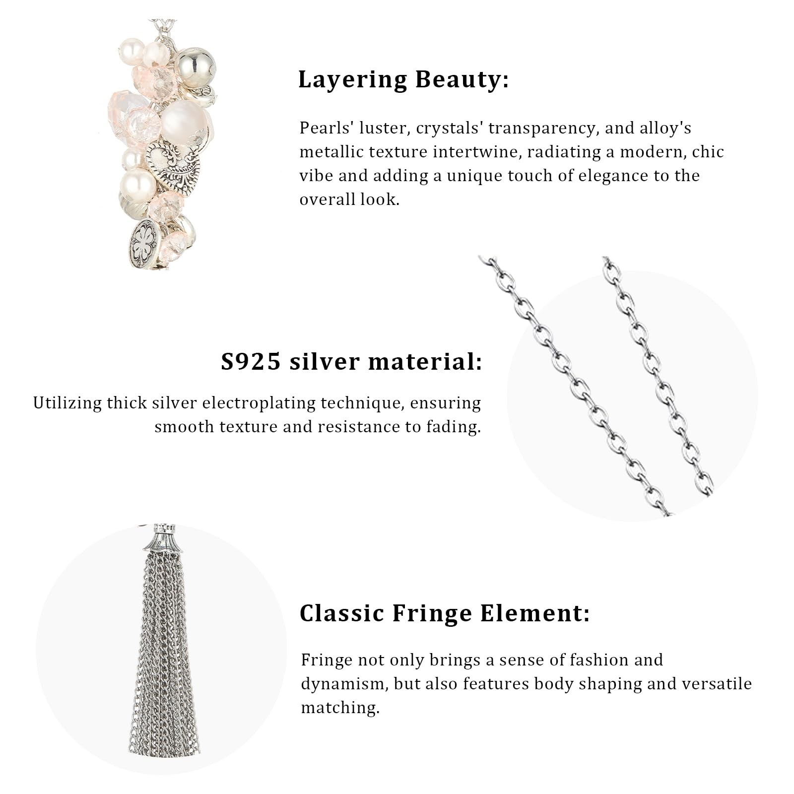 Silver Long Tassel Necklaces for Women Boho Chain Necklace with Tassel Beaded Pe