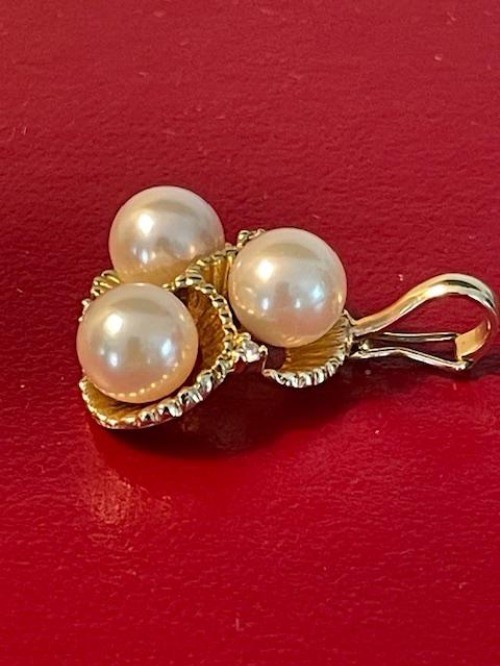 Estate 14k Chinese Three Pearl and Three Diamond Accent Enhancer Pendant 4.8