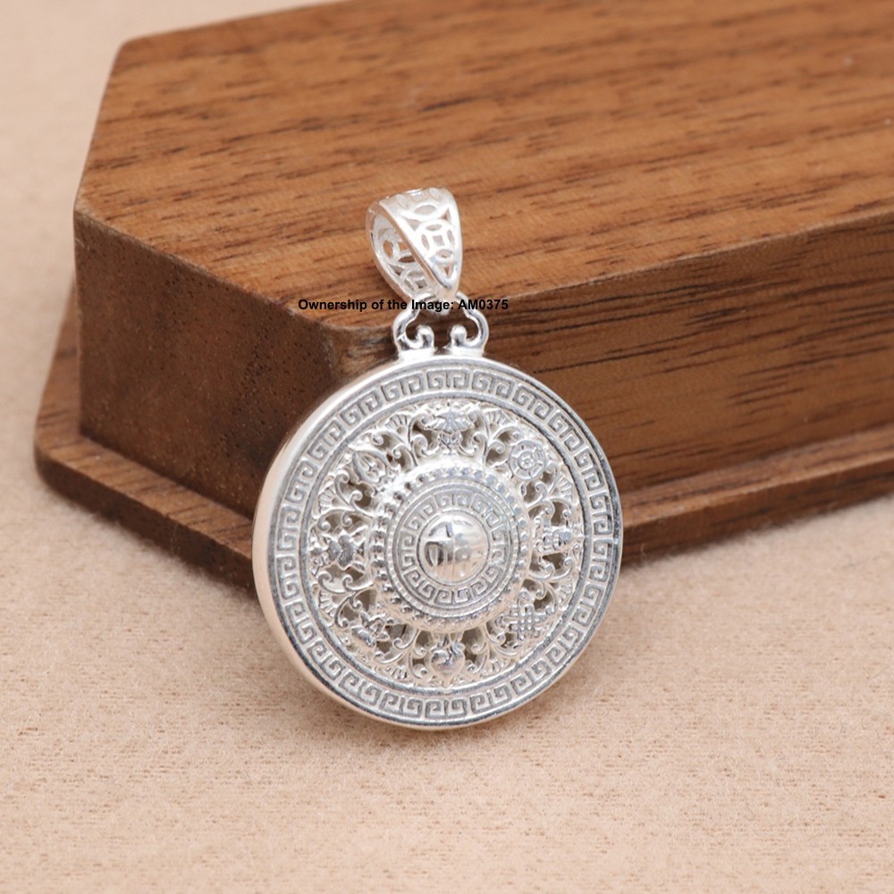 Pure 999 Fine Silver Buddhist Eight Treasures Compass Pendant Tibetan Amulet