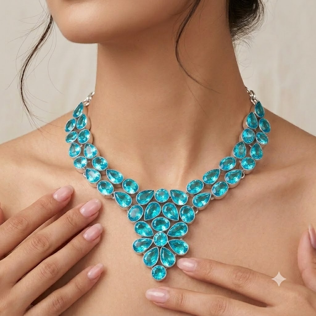 Paraiba Tourmaline Gemstone 925 Sterling Silver Jewelry Necklace Size-17-18″