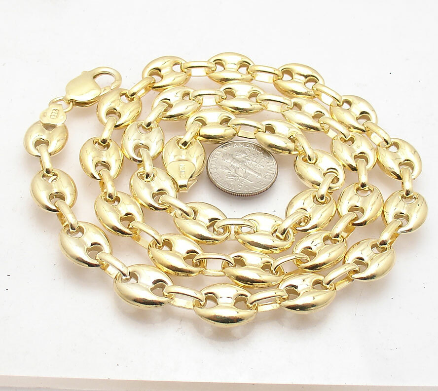 11mm Puffed Mariner Anchor Link Necklace Chain 14K Yellow Gold Plated 925 Silver