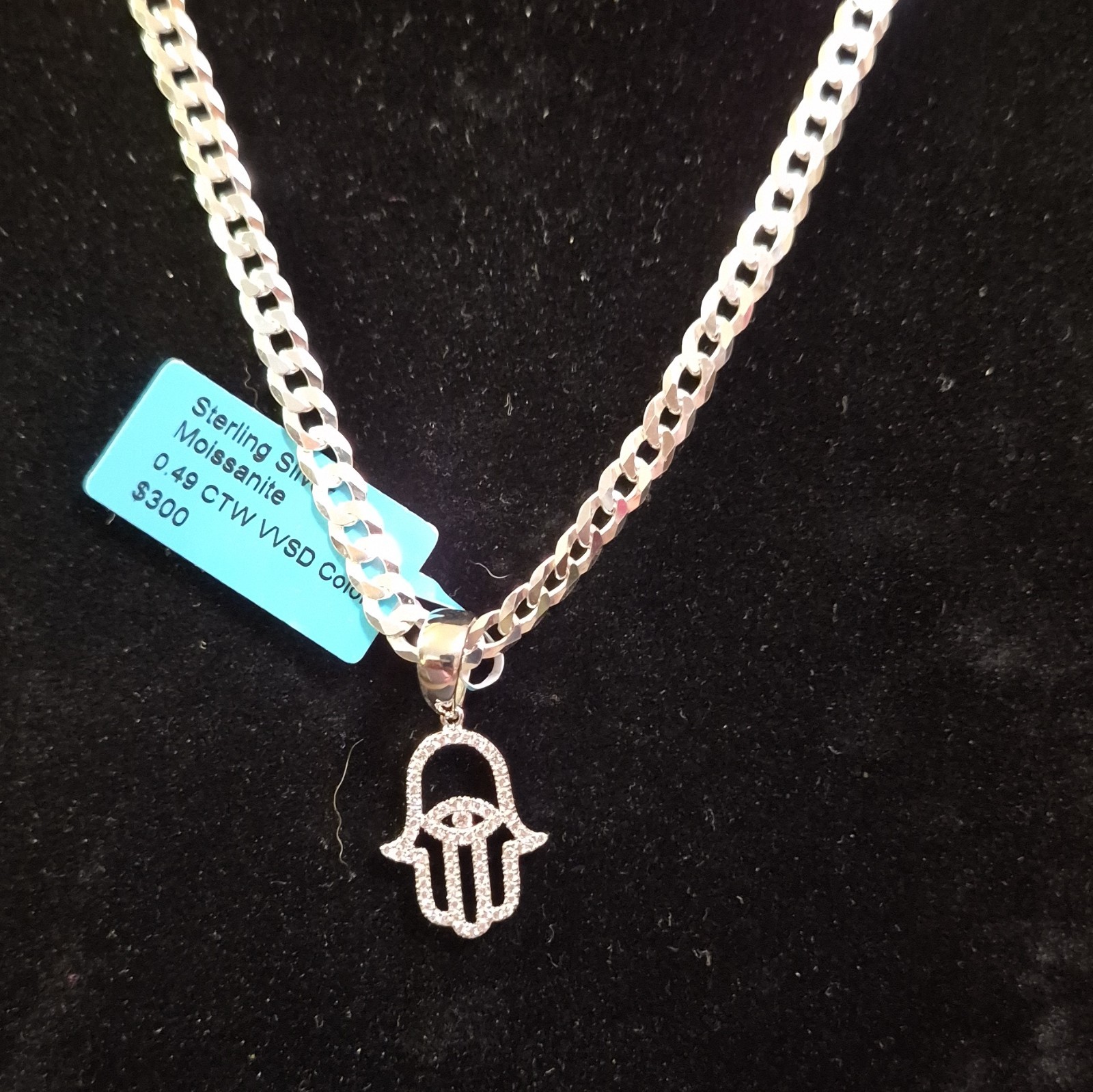 925 Sterling Silver Moissanite Hamsa Hand Pendant & Cuban Link Necklace 20″