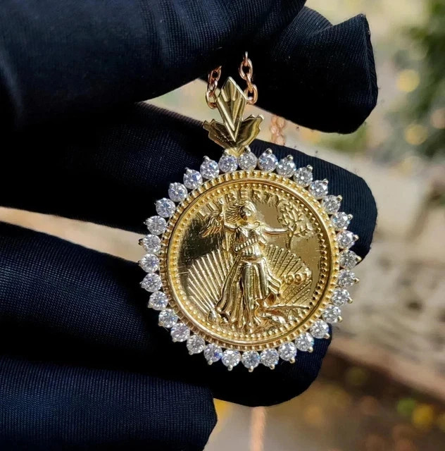 2.70Ct Round Simulated Diamond Liberty Coin Pendant 14K Yellow Gold Plated